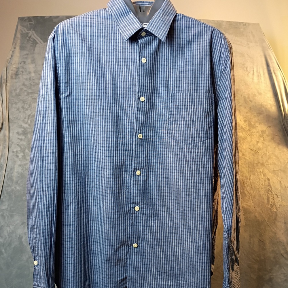 Perry Ellis Mens XL Blue Plaid Long Sleeve Button Down 100% Cotton Dress Shirt